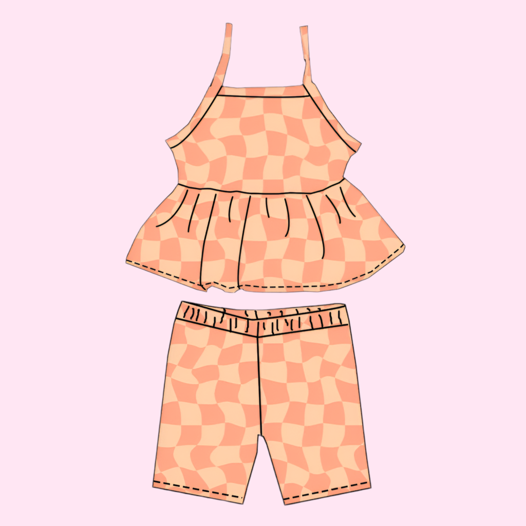 BIKER & PEPLUM TOP SET - PEACH/ORANGE GROOVY CHECKERED