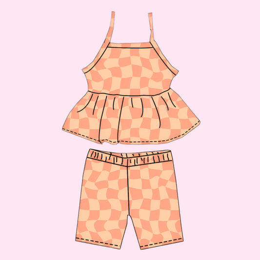 BIKER & PEPLUM TOP SET - PEACH/ORANGE GROOVY CHECKERED